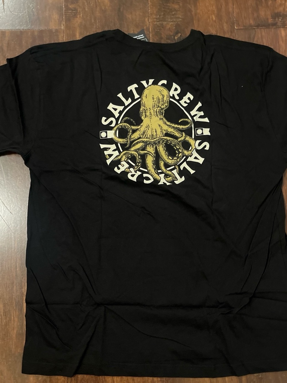 Salty Crew Black Short Sleeve Tee with Gold Octopus Back Graphic
